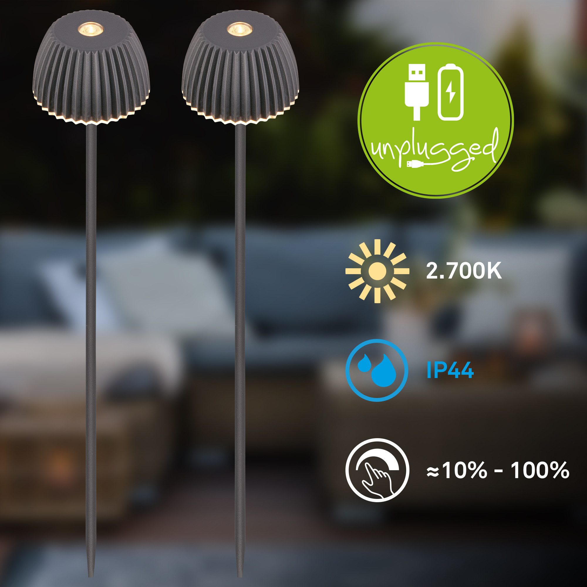 Briloner Leuchten LED Außen-Tischleuchte RIFFLE, LED wechselbar, Warmweiß, 6x78,5 cm, 2er-Set, Akku tauschbar, Outdoor, Balkon, Terrasse – Bild 3 von 5