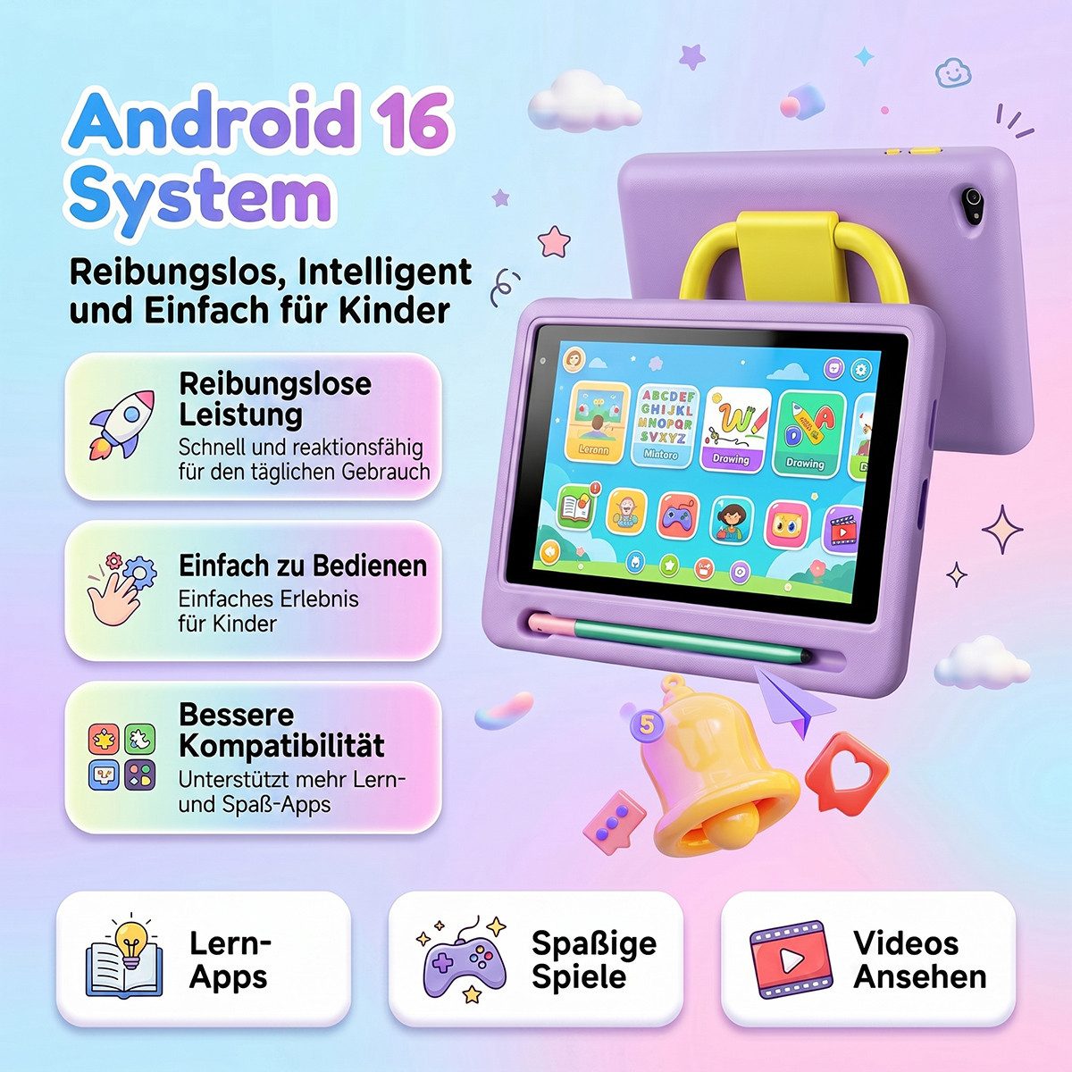 Happybe 7 Zoll, Android 16, 24(3+21)GB+128GB+1TB erweiterbar, WiFi 6, Kinder Tablet (7", 128 GB, Android)