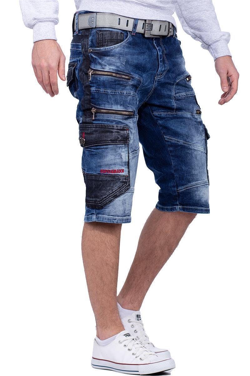 Cipo & Baxx Jeansshorts Herren regular fit Kurze Hose Stonewashed BA-CK234 mit eißverschluss-Verzierungen