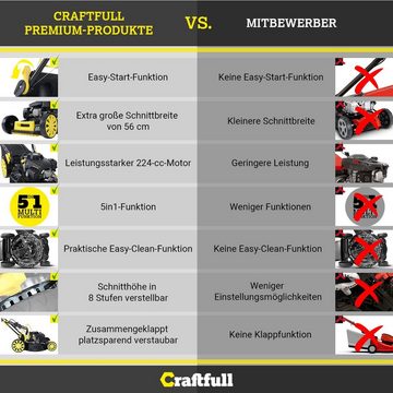 Craftfull Benzinrasenmäher Benzinrasenmäher CR-224-20 inkl. Radantrieb - 224 cc, 56 cm Schnittbreite, (Rasenmäher Benzin inkl. Getränkehalter, Schnitthöhe in 8 Stufen verstellbar - Euro-5-Norm), 5,2kW - GT-Leichtlaufgetriebe - Easy Clean Funktion - 62l Fangsack