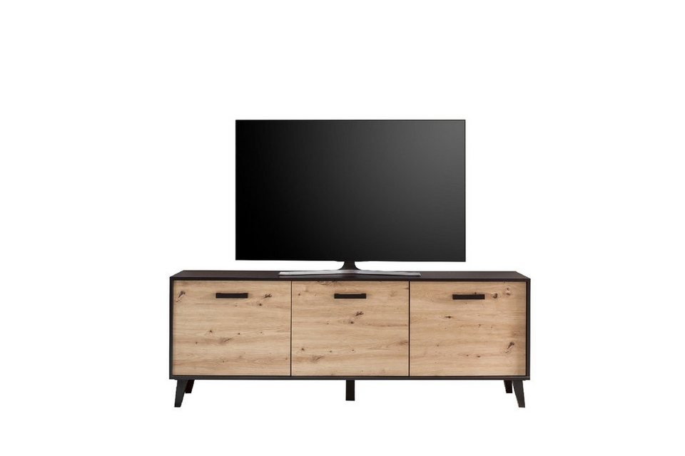 möbelando TV-Board Artona, Modernes TV-Lowboard aus  melaminharzbeschichteter Spanplatte, Türen in Artisan-Eiche, Korpus in  Schwarz, mit 3 Türen inkl. Soft-Close-Funktion sowie 3 Einlegeböden, Breite  186 cm, Höhe 67,9 cm, Tiefe 39,3 cm