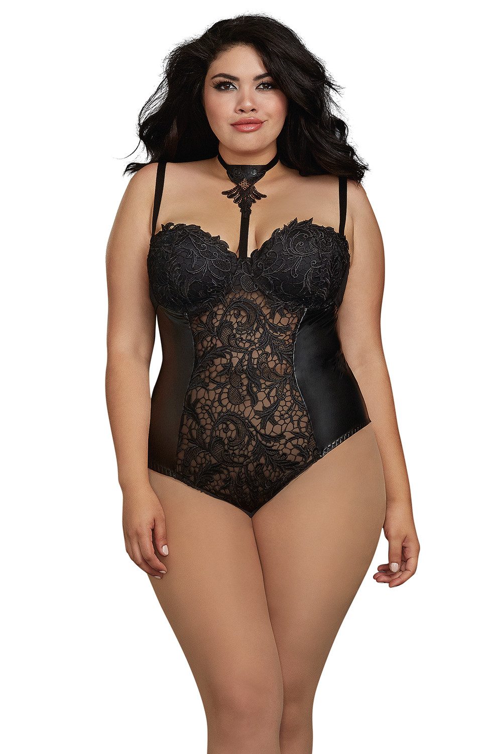 Dreamgirl Stringbody Plus Size Dessous Body aus Spitze und Kunstleder schwarz mit Bügelcups