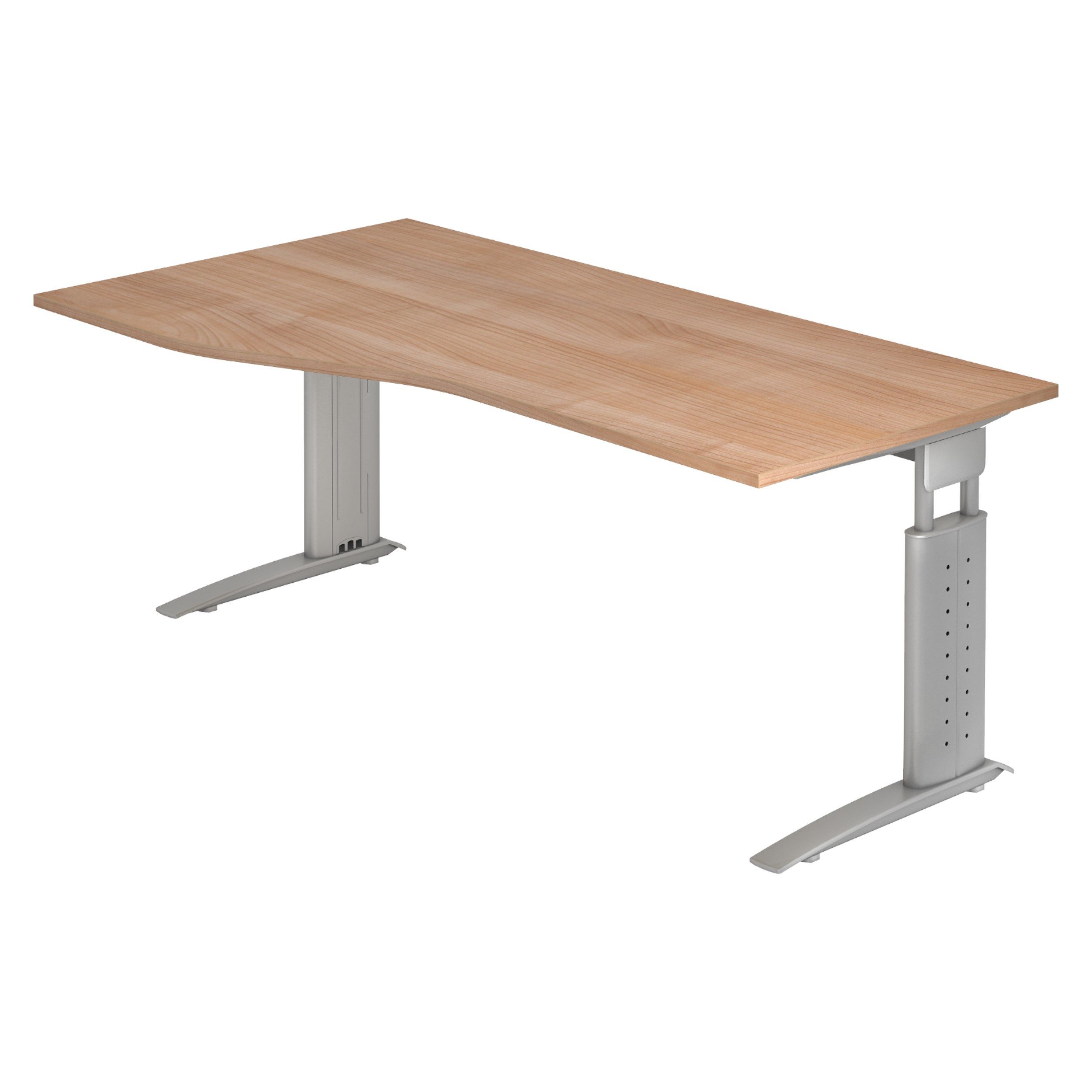 bümö Schreibtisch Serie-U höhenverstellbar, Freiform: 180 x 100 cm - Dekor: Nussbaum - Gestell: Silbergrau