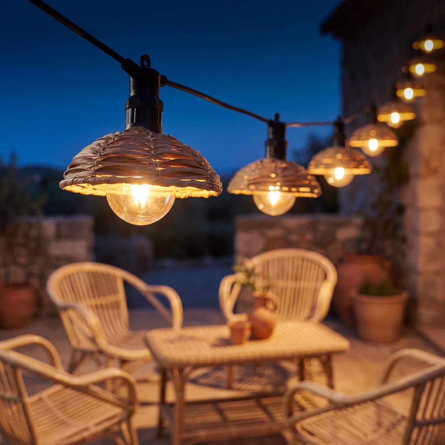 MARELIDA LED-Lichterkette LED Party Garten Boho Stil 6 Lampenschire in Korbgeflecht-Optik 3,5m, 6-flammig