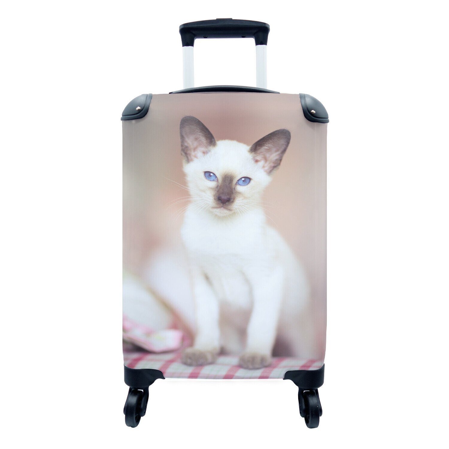 MuchoWow Handgepäckkoffer Weiße Siamkatze auf einem Tischtuch, 4 Rollen, Reisetasche mit rollen, Handgepäck für Ferien, Trolley, Reisekoffer