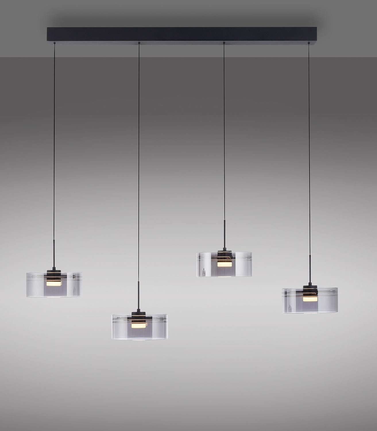 Paul Neuhaus LED Pendelleuchte KARENA, 4-flammig, Schwarz, Rauchglas, Metall, Höhenverstellbar, LED fest integriert, Extra-Warmweiß, Rauchglas, B 110 x H 180 x T 20 cm