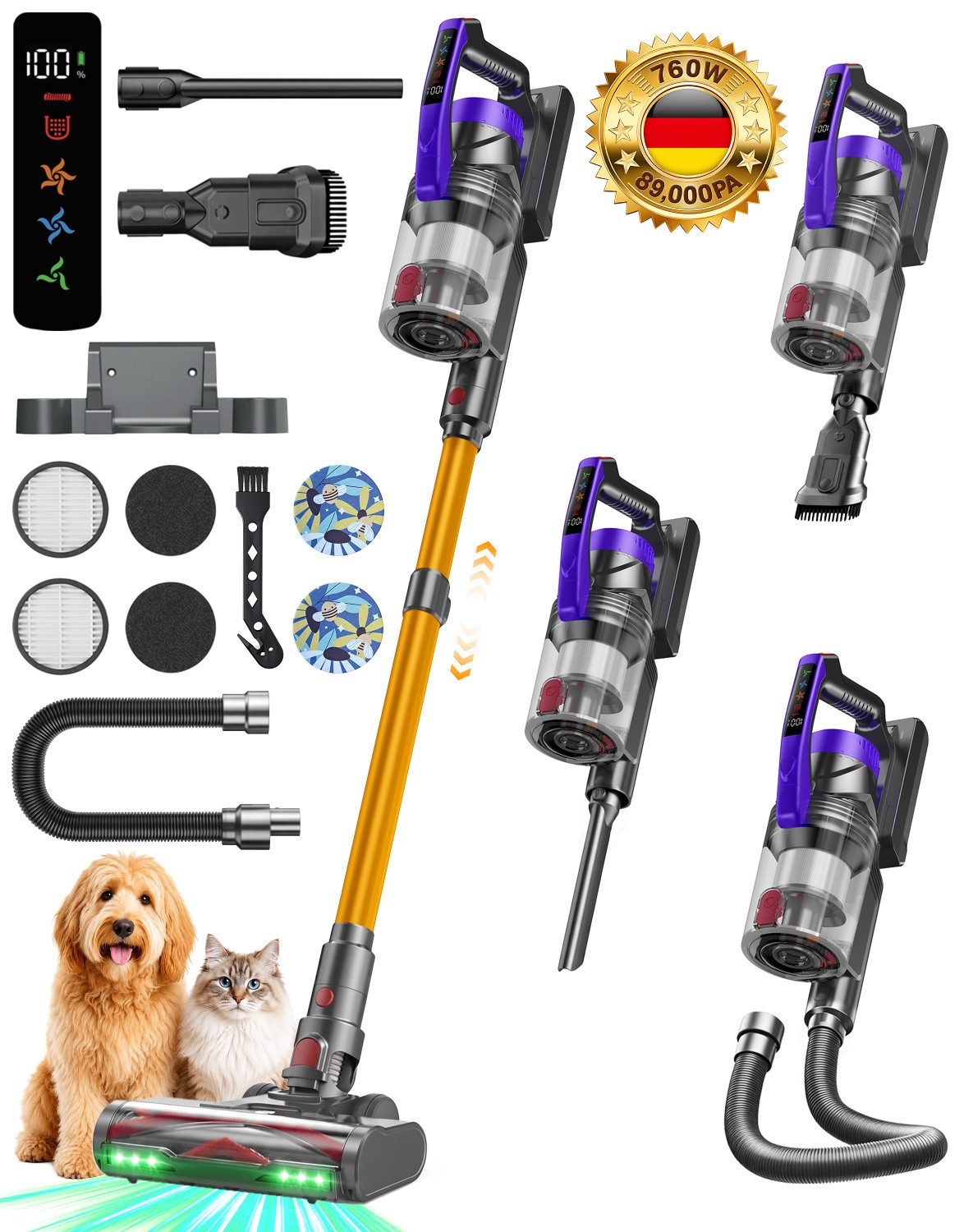 ZOOMCAT Akku-Stielstaubsauger Akkustaubsauger 89KPA/760W/70Mins,Hand- und Stiel-Staubsauger Kabellos, 760 W, beutellos, V‑förmige Antitangle‑Bürste, Flexibler Bürstenkopf, Kabellos & leicht