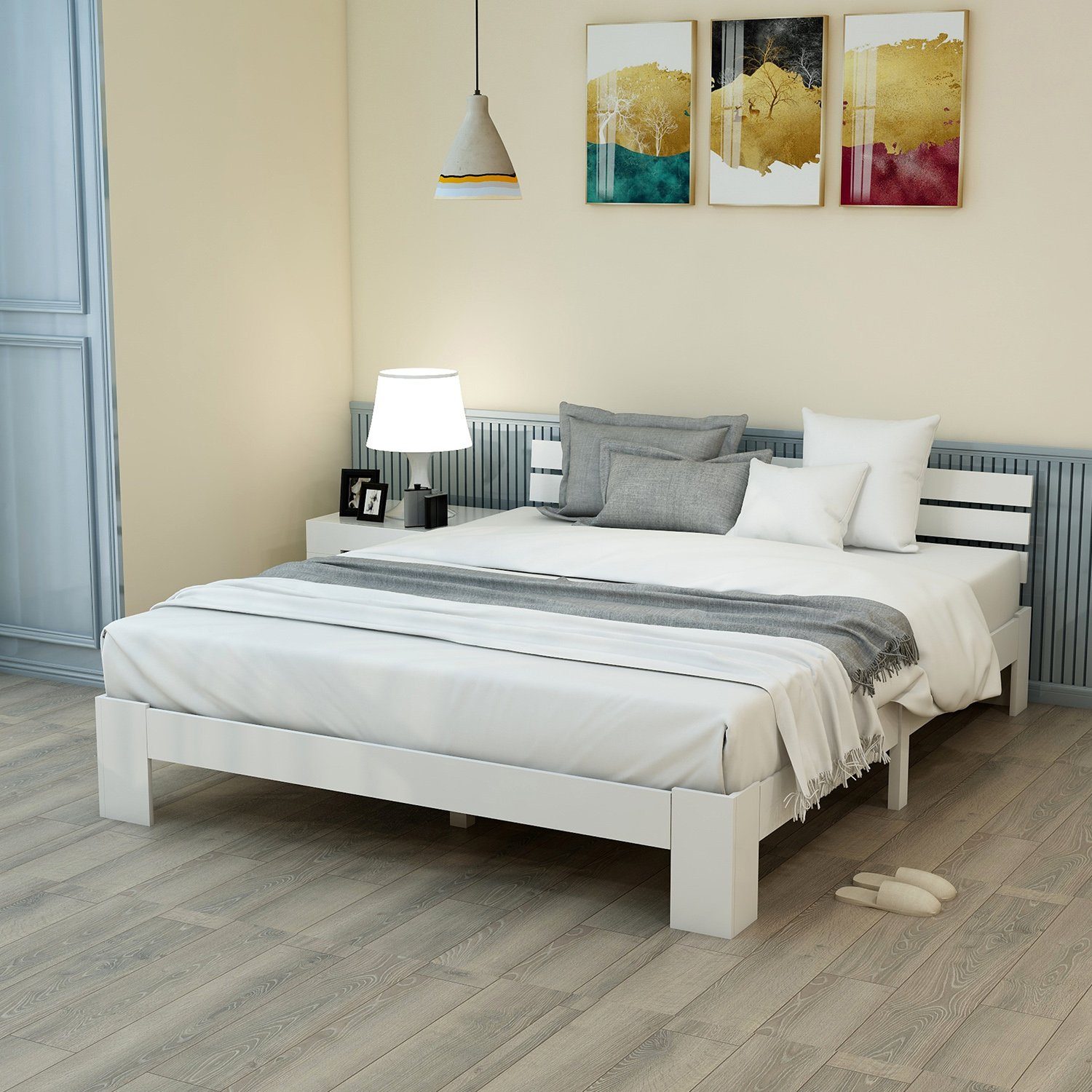 Ulife Massivholzbett 140 x 200 cm, Bettgestell mit Lattenrost, Doppelbett mit Kopfteil (Ohne Matratze), als Kieferbett verwendbar, Weiß
