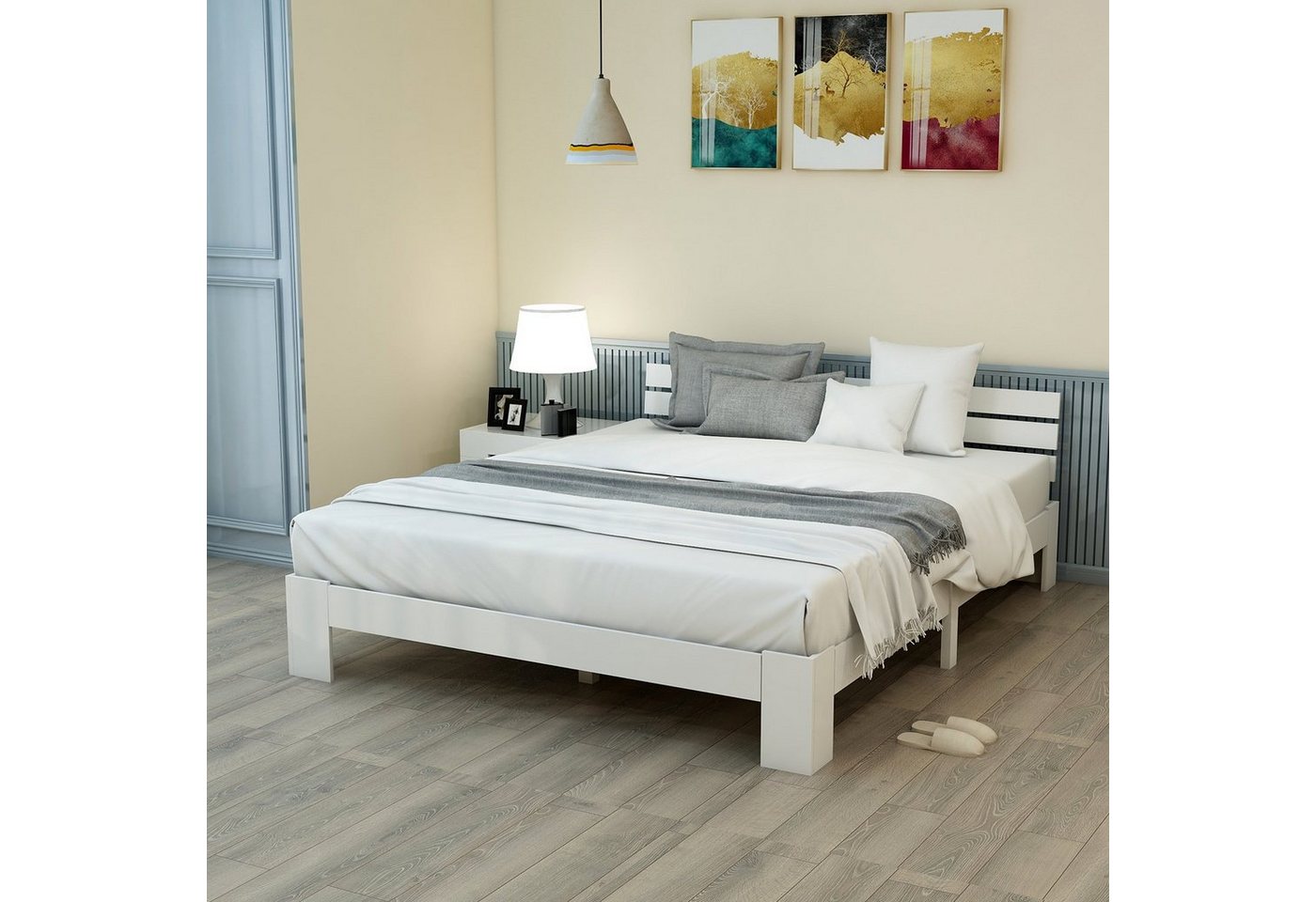 Ulife Massivholzbett 140 x 200 cm, Bettgestell mit Lattenrost, Doppelbett mit Kopfteil (Ohne Matratze), als Kieferbett verwendbar, Weiß