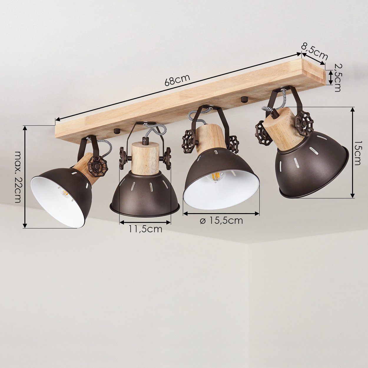 hofstein Deckenleuchte »Cotes« Deckenlampe aus Metall/Holz in Braun/Weiß/Natur, ohne Leuchtmittel, mit Holzbalken, Textilkabeln und verstellbaren Strahlern, E27 – Bild 4 von 5