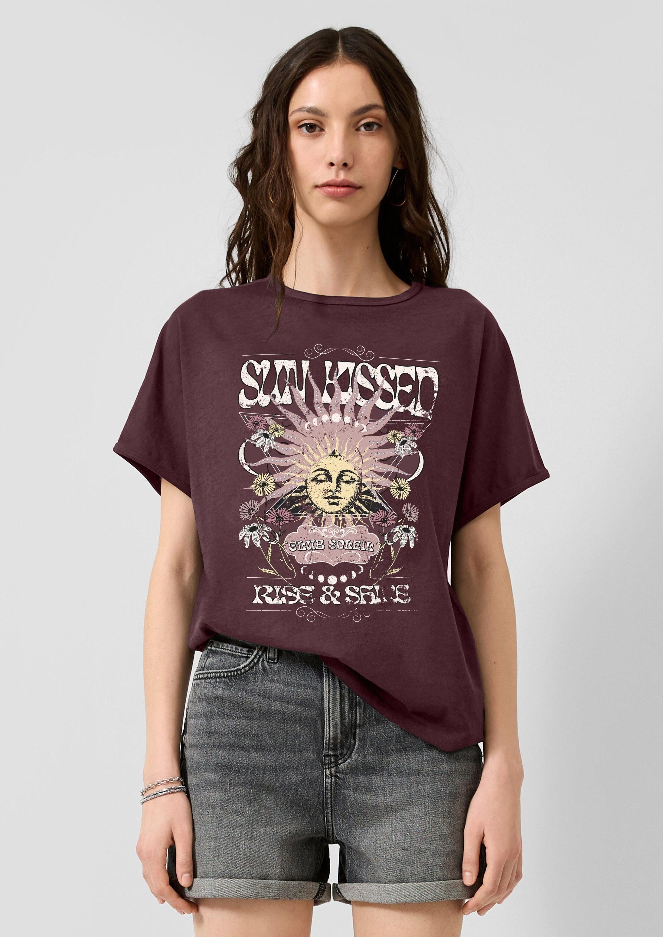 QS Kurzarmshirt T-Shirt Gewaschenes Print-Shirt mit überschnittener Schulter