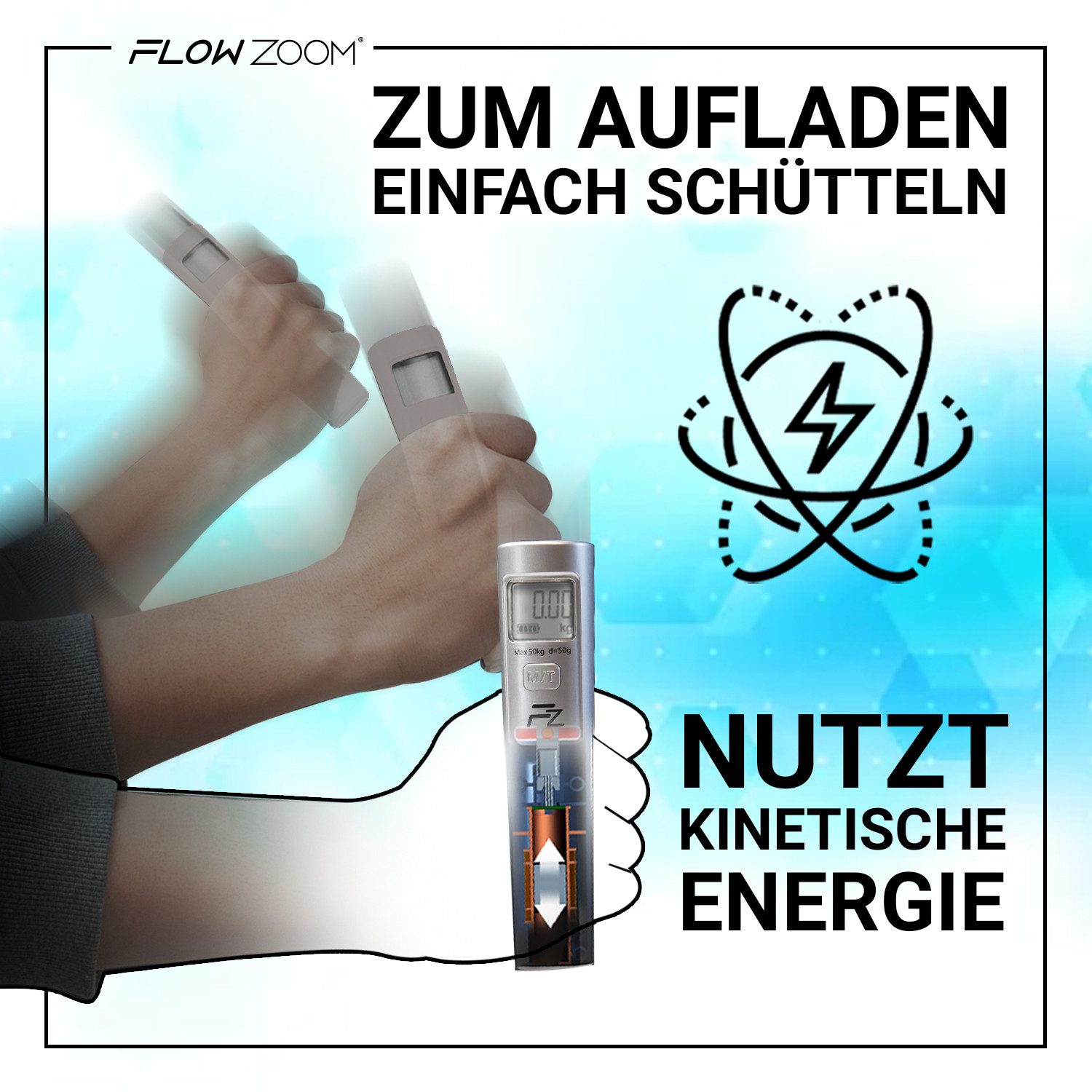 FLOWZOOM Kofferwaage SHAKEE Kofferwaage batterielos – Digitale Gepäckwaage bis 50 kg, Tragkraft 50,00 kg, Gepäckwage - Tragbare digitale Waage arbeitet mit kinetischer Energie