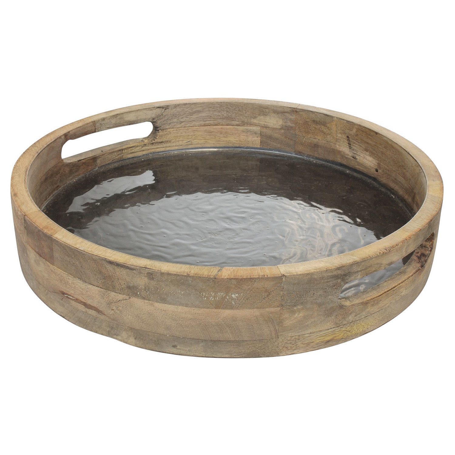 Macosa Home Dekotablett Holztablett Mangoholz Perlmutt Braun Grau 35 cm rund mit Griffen (Servierplatte Obsttablett Wohnaccessoire modern), Tablett Tischdekoration Kerzenteller