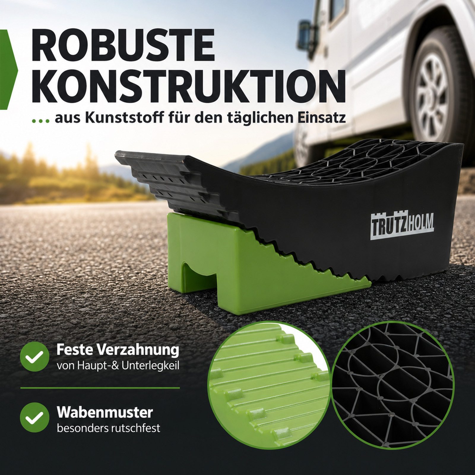 TRUTZHOLM Auffahrrampe 2x Auffahrkeil 2-teilig bis 13,5 t Höhenausgleichsrampe Wohnmobil PKW (2er Set), Kunststoff, Rutschfeste Oberfläche, Höhenverstellbar