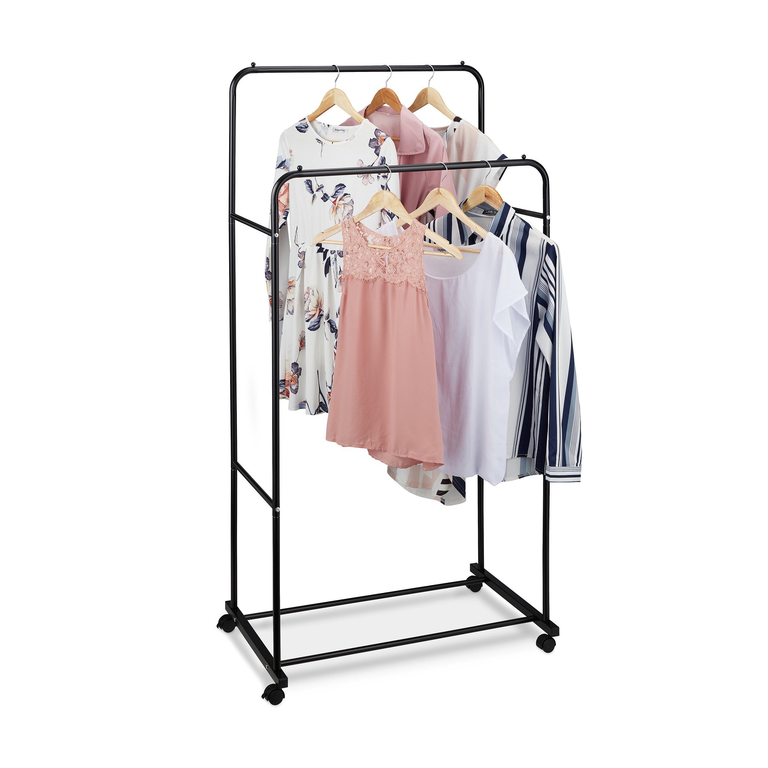 Relaxdays Kleiderständer Mit Rollen - Garderobe Mit 2 Ablagen 160x55x42cm Schwarz