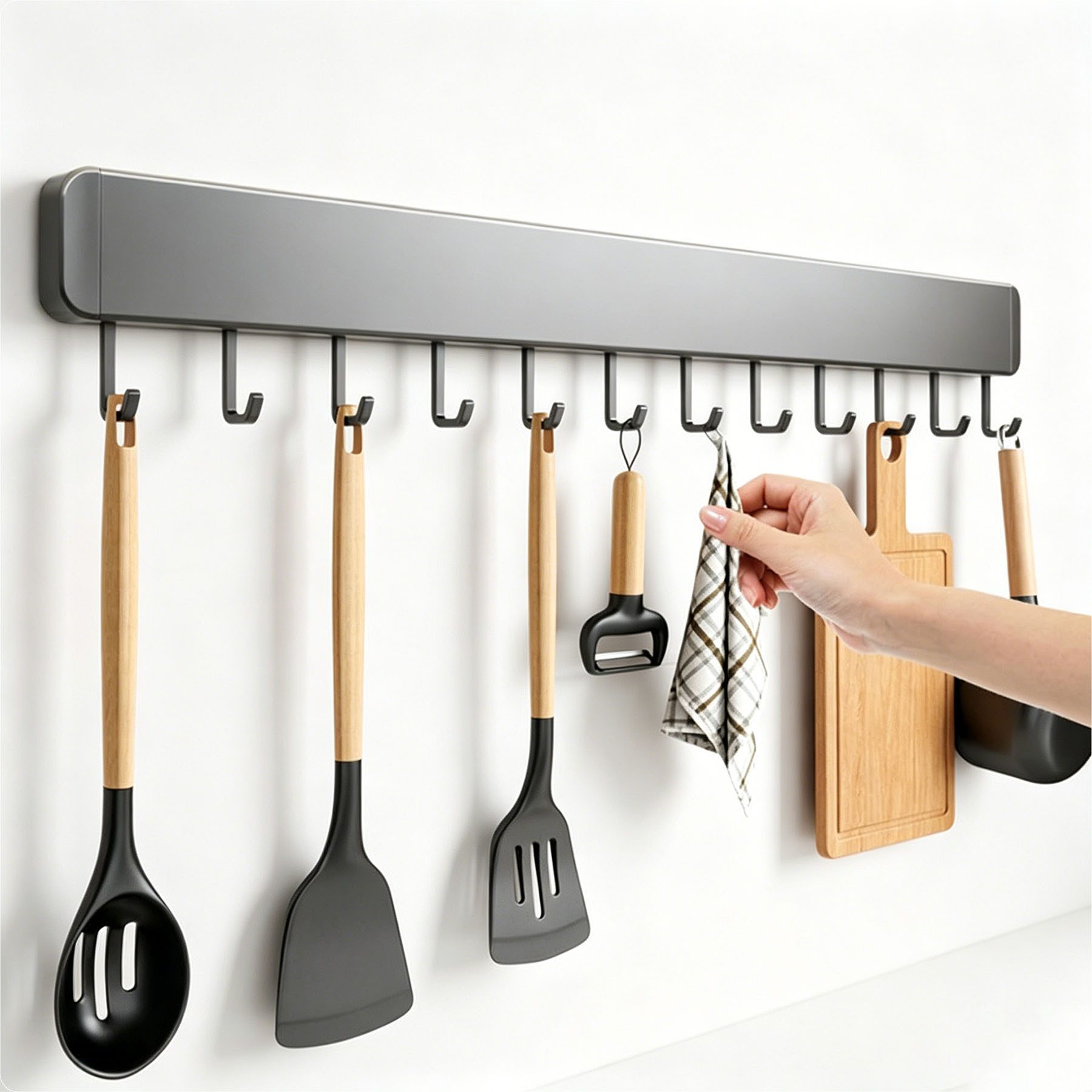 Keyura Hakenleiste Garderobenleiste 30/40/50cm,Küche Hängeleiste, 6/8/10 bewegliche Haken, (Küchenhalterung ohne bohren, Bohrfreie oder gebohrte Montage möglich, Haken aus Raumfahrt-Aluminium für Schlafzimmer Bad Küche-Silbergrau)