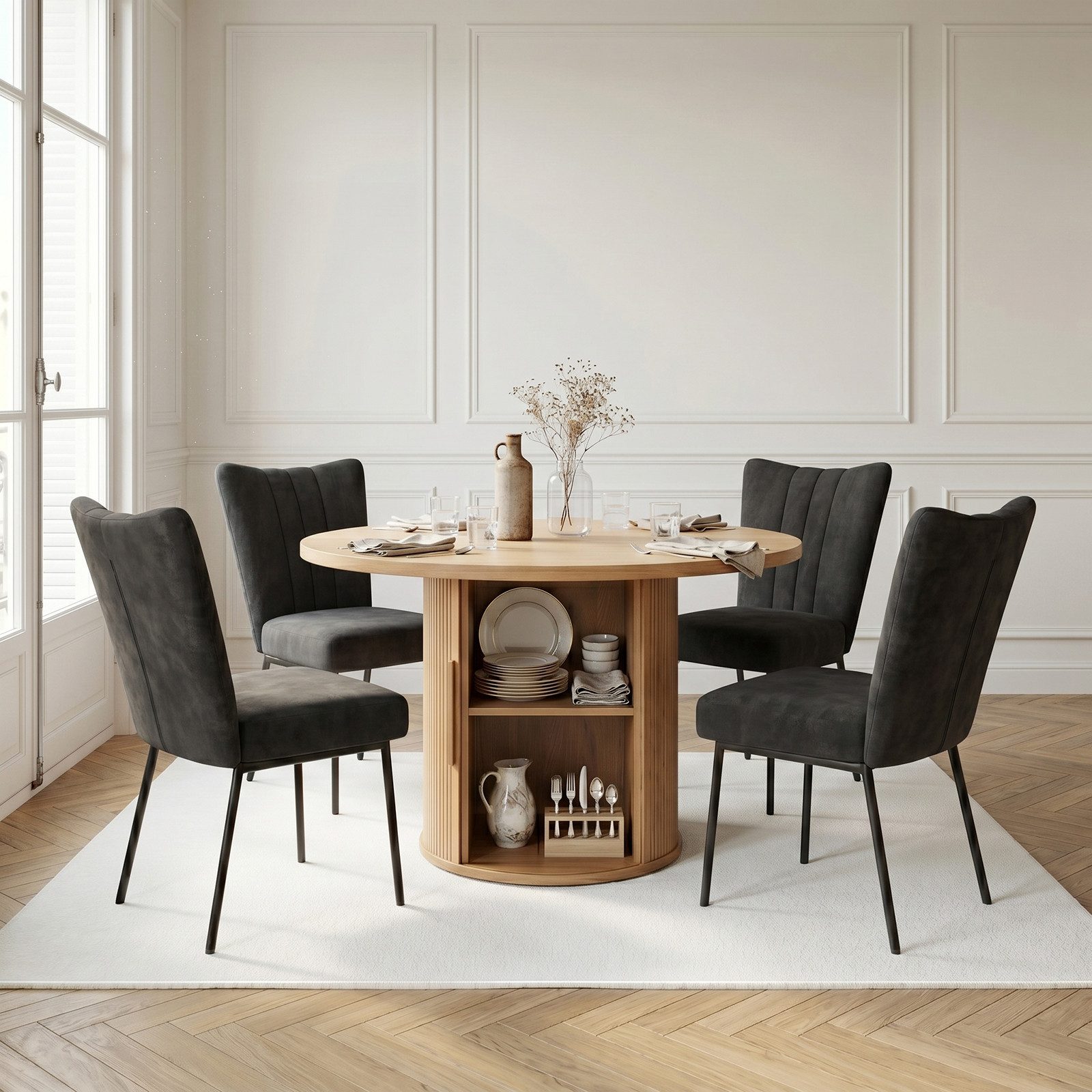 Jiexi Essgruppe Essgruppe 5-teilig runder Tisch mit Stauraum & 4 Polsterstühle