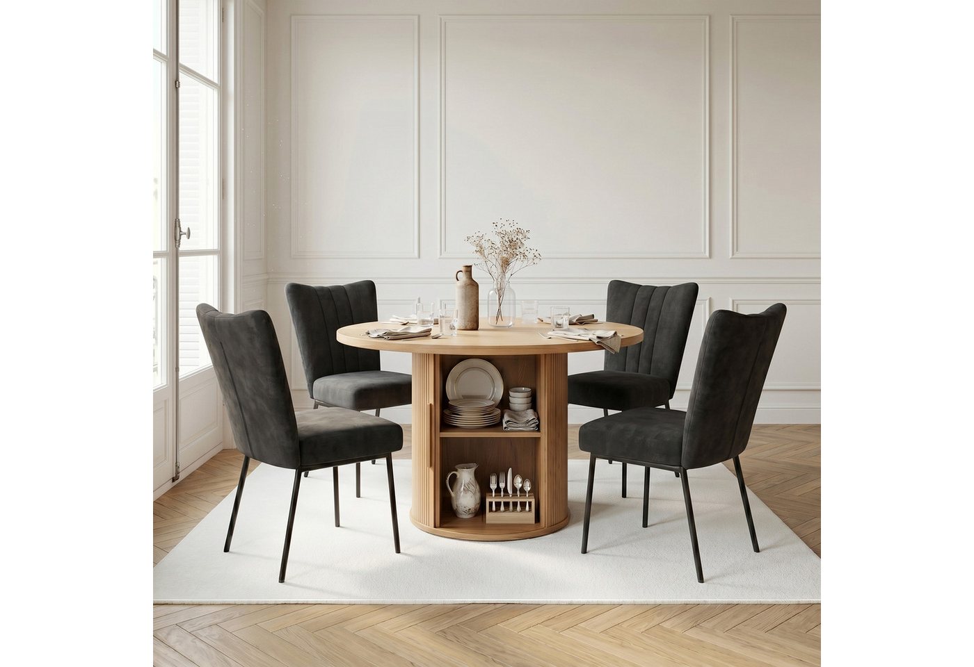 Jiexi Essgruppe Essgruppe 5-teilig runder Tisch mit Stauraum & 4 Polsterstühle