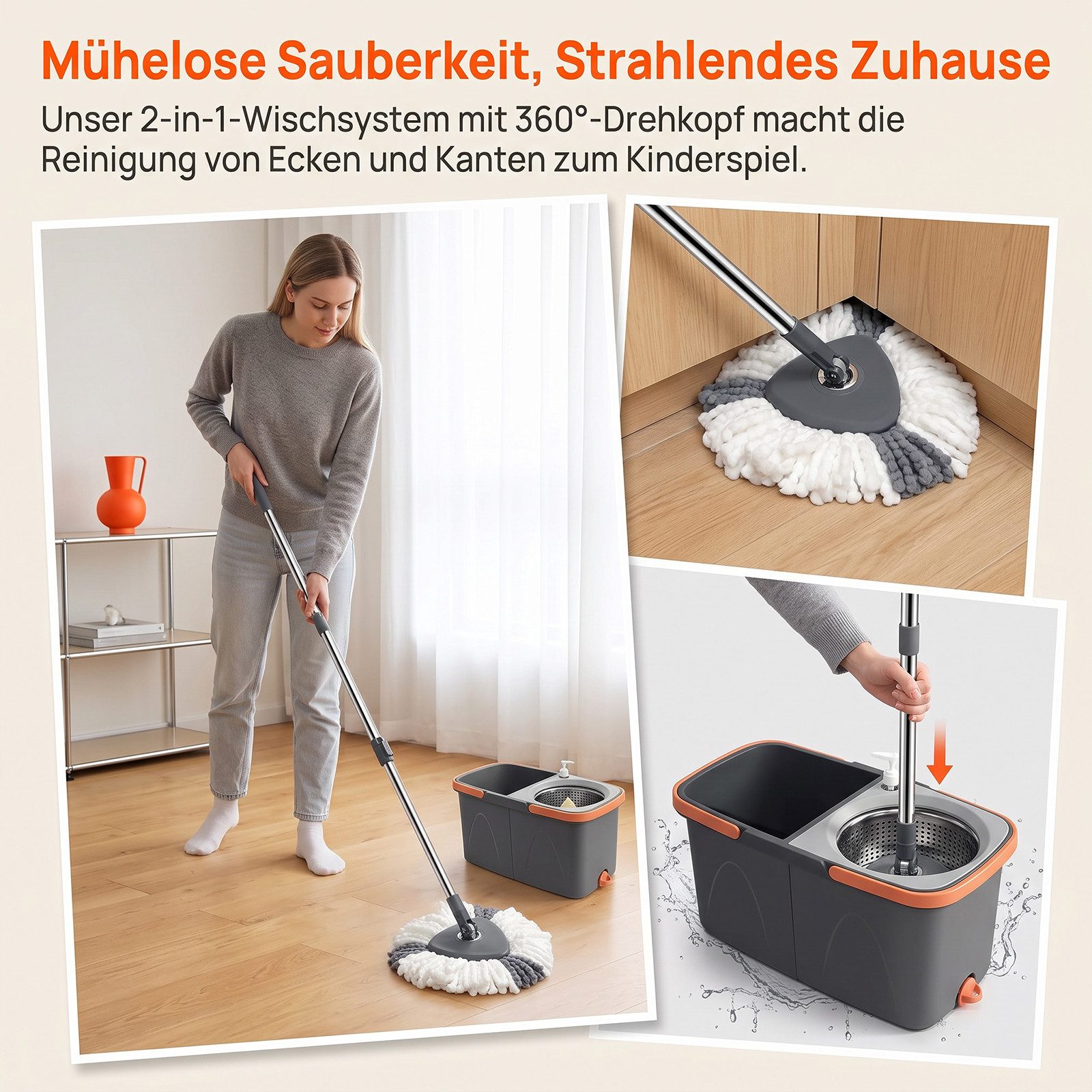AKKEE Wischmopp Set Bodenwischer Komplett-Set 2in1 Wischmopp Set mit Eimer, (360° Drehgelenk), Faltbar und drehbar