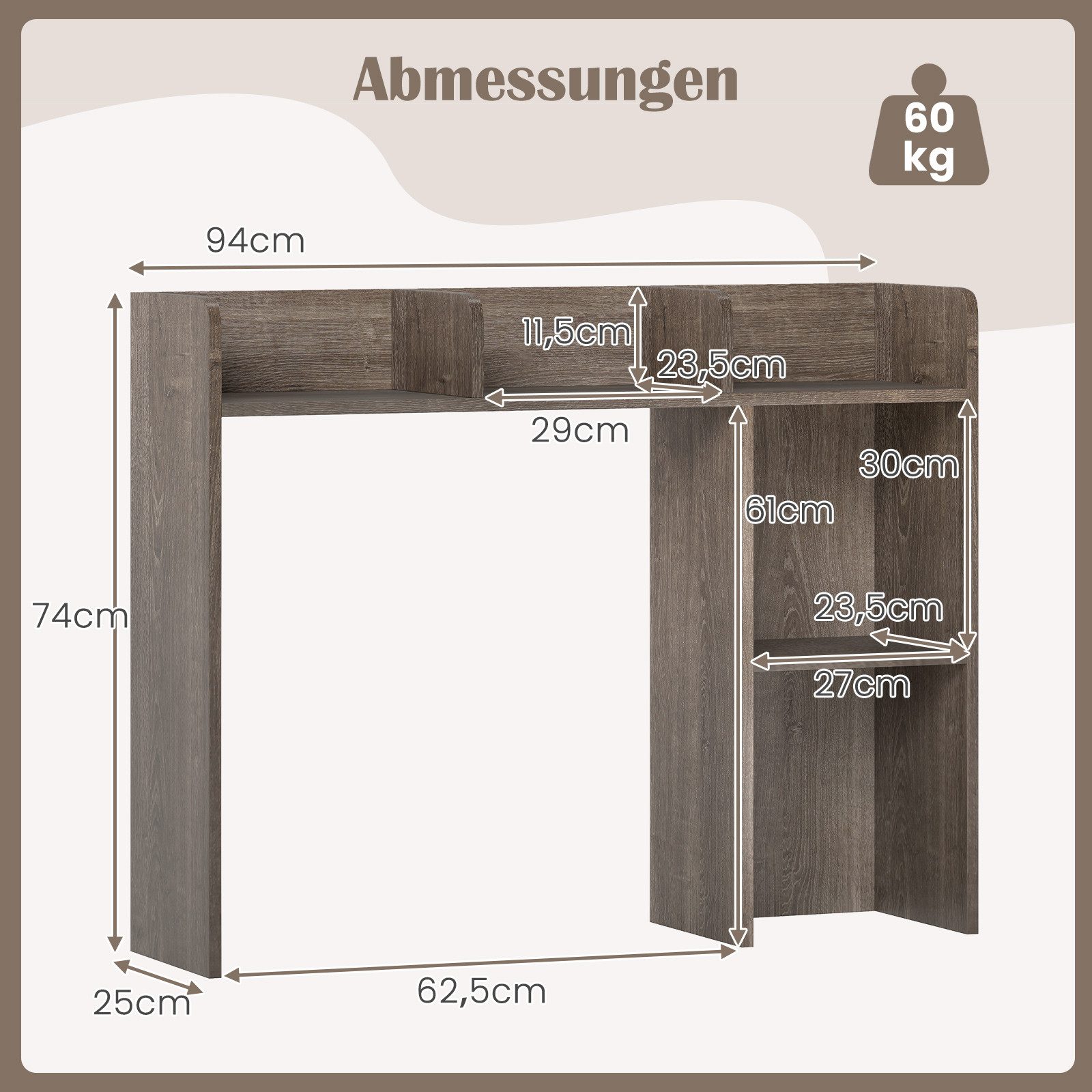 COSTWAY Regal-Schreibtisch, mit 4 Ablagen, offenem Fach, bis 45kg, 94x25x74cm