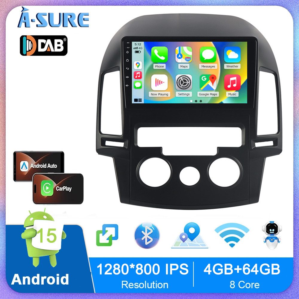 A-Sure 9Zoll Wireless Carplay Android 15 Für FM BT Hyundai i30 MK1 FD 2006-11 Autoradio (Digitalradio (DAB), 8-Core CPU, RDS, DSP, GPS, SWC, Navi, UI Theme, Siri, Mirrorlink, Google play, Netflix, Youtube, Calendar, TikTok)