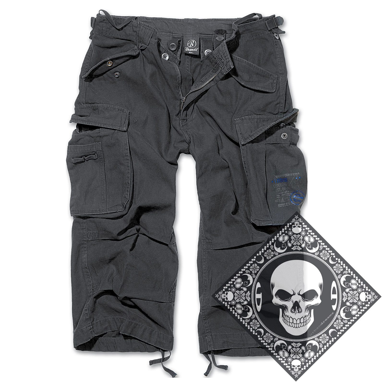 Brandit Cargoshorts Cargo Shorts kurze Hose Industry 3/4 lang mit UD Bandana (mit Urbandreamz Bandana) 3/4 lang, Unifarben, Camouflage, Bermuda, S-XXL