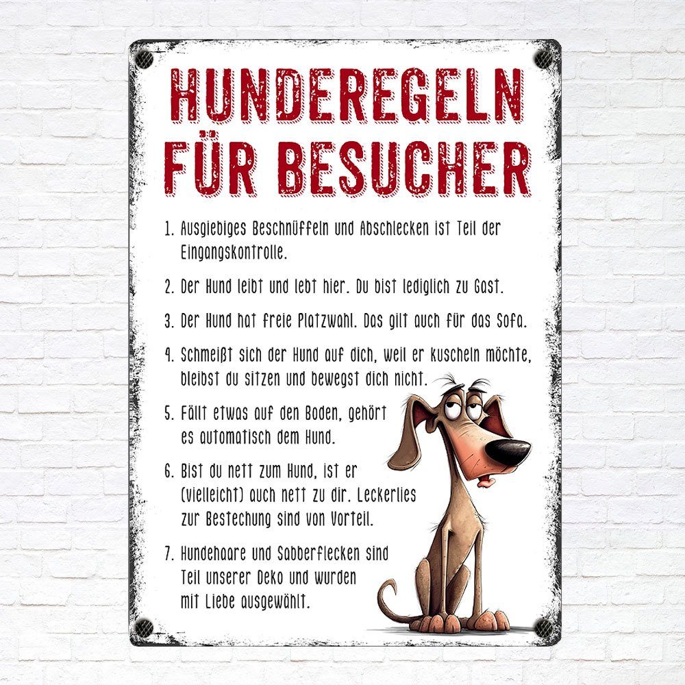 Cadouri Metallschild Hundeschild 'Hunderegeln für Besucher' Dekoschild mit Hundemotiv, (Wandschild mit vier vorgebohrten Löchern & abgerundeten Ecken), UV-beständig, 28,5 x 20 cm, Geschenk für Hundebesitzer