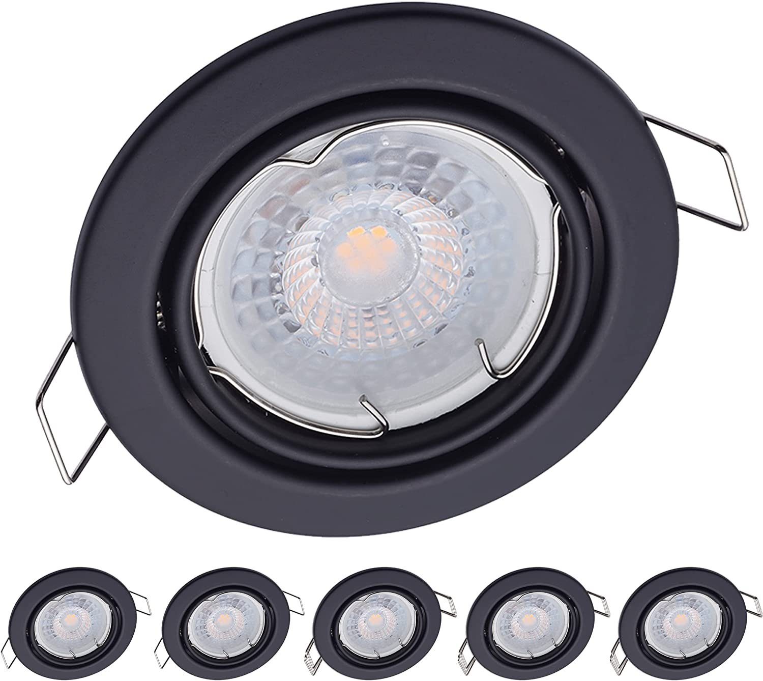 Oktaplex lighting LED Einbaustrahler 6er Set LED Deckenspot flach inkl. LED Module 5W 380 Lumen, Dimmbar, Leuchtmittel wechselbar, warmweiß, 3000 Kelvin 230V schwenkbar schwarz