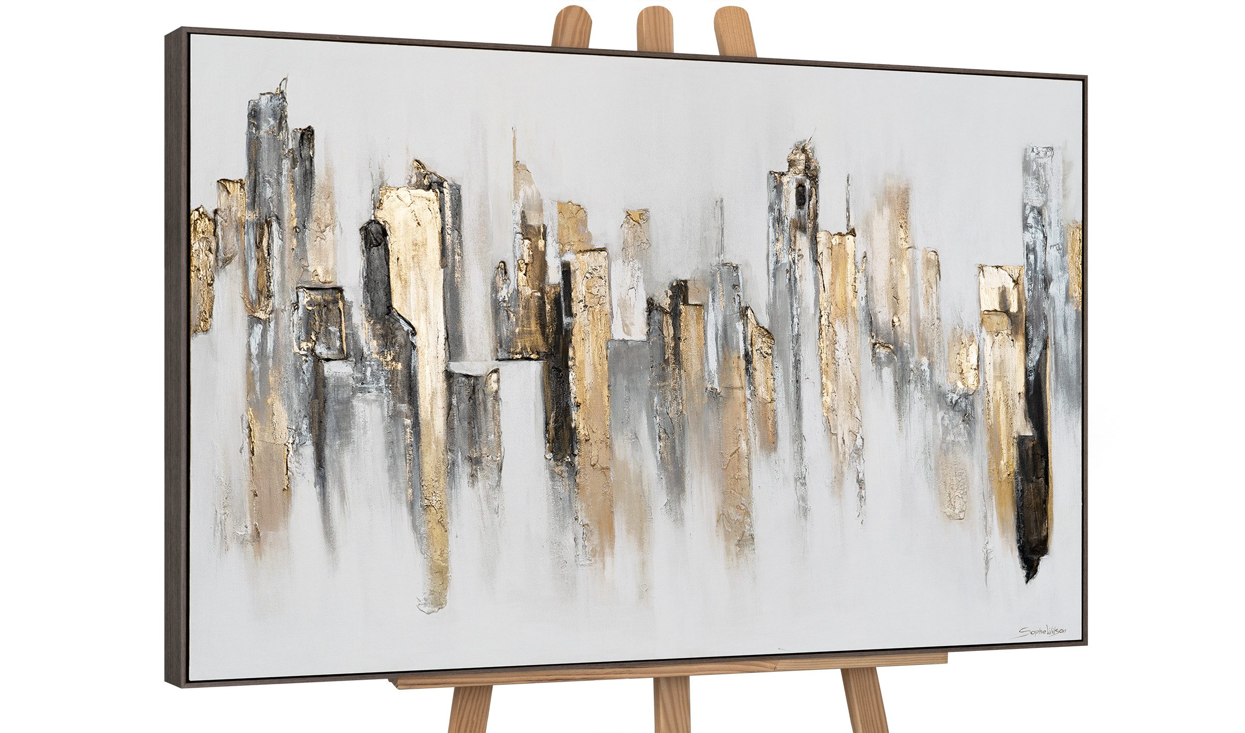 YS-Art Gemälde Stadtrhythmen, Abstraktion, Leinwandbild Großstadt in Weiß und Gold, Wolkenkratzer