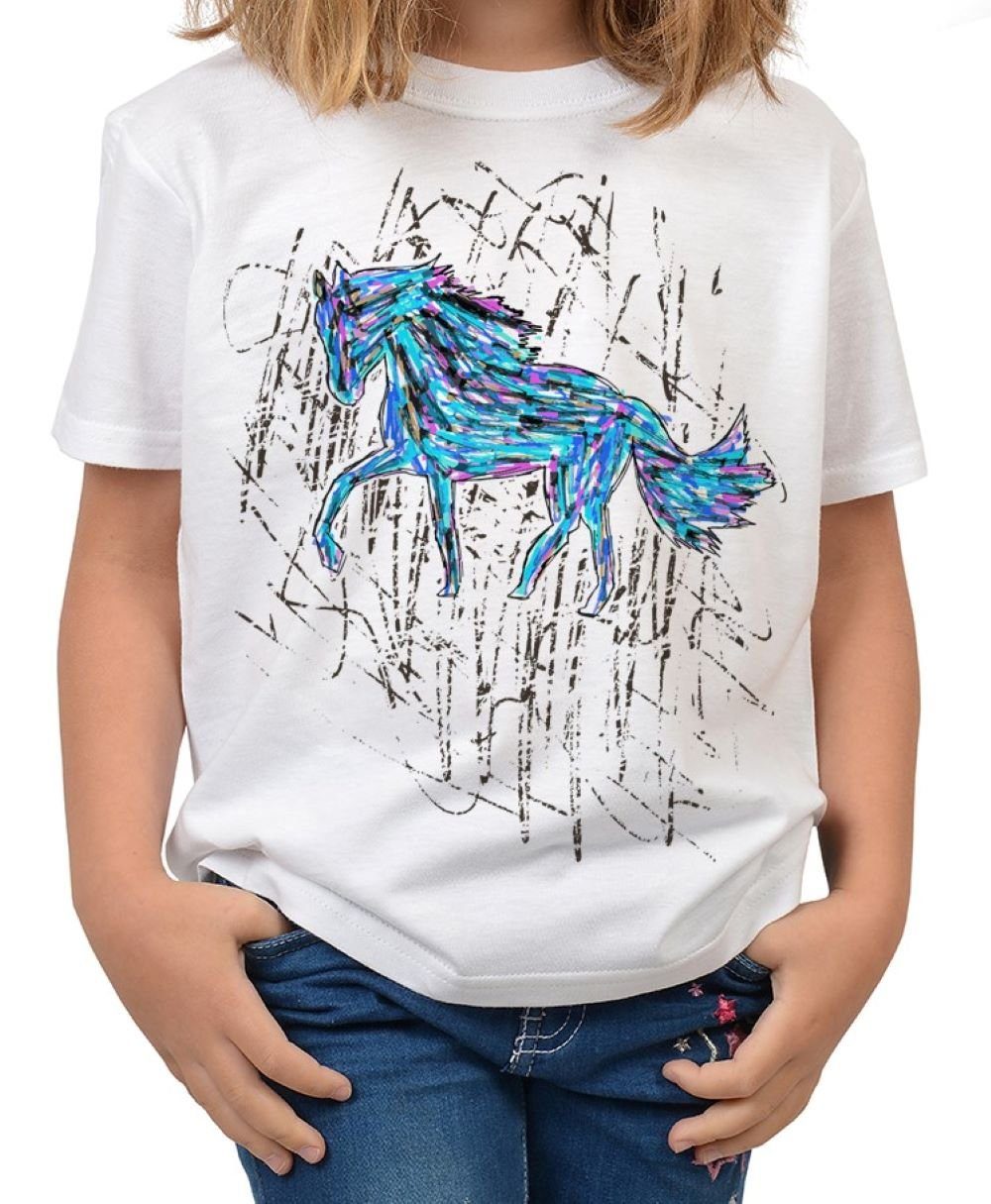 Tini - Shirts T-Shirt blau Motiv Pferde Pferd Kindershirt Kindershirt Zeichnung : bunt, Pferde bunt
