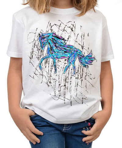 Tini - Shirts T-Shirt Pferde Zeichnung bunt Kindershirt Pferde Motiv Kindershirt : Pferd bunt, blau