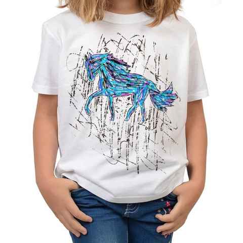 Tini - Shirts T-Shirt Pferde Zeichnung bunt Kindershirt Pferde Motiv Kindershirt : Pferd bunt, blau