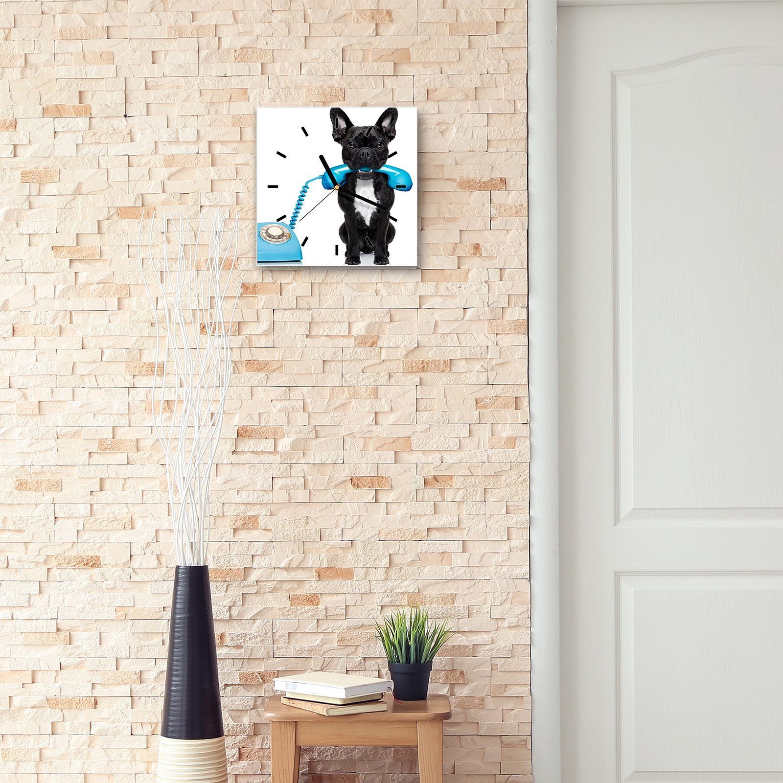 Motiv Primedeco Wandkunst mit Telefonhörer Wanduhr Wanduhr Hund Glasuhr cm 30 mit 30 Größe x