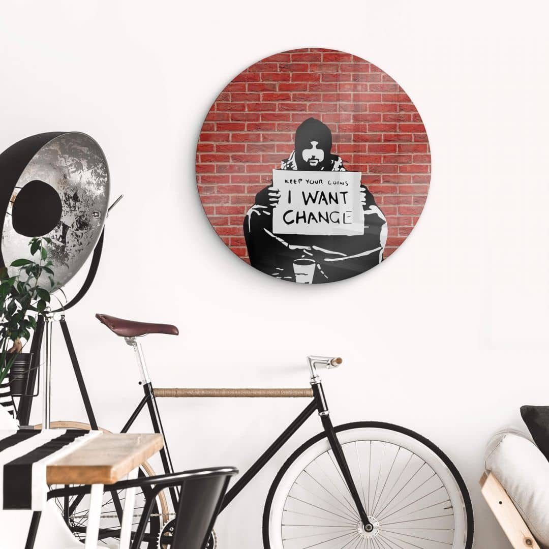K&L Wall Art Glasbild Glas Wandbild Rund Glasbild Graffiti Straßenkunst Banksy Keep Coins, Wandschutz Deko Bilder
