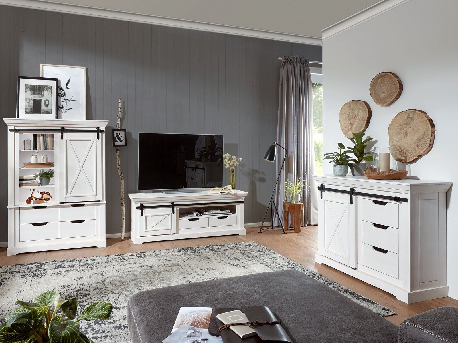 Wohnzimmer Wohnwand Pinie Schränke Schranksystem Nordica Casamia 370x178cm Bergamo 3tlg weiß
