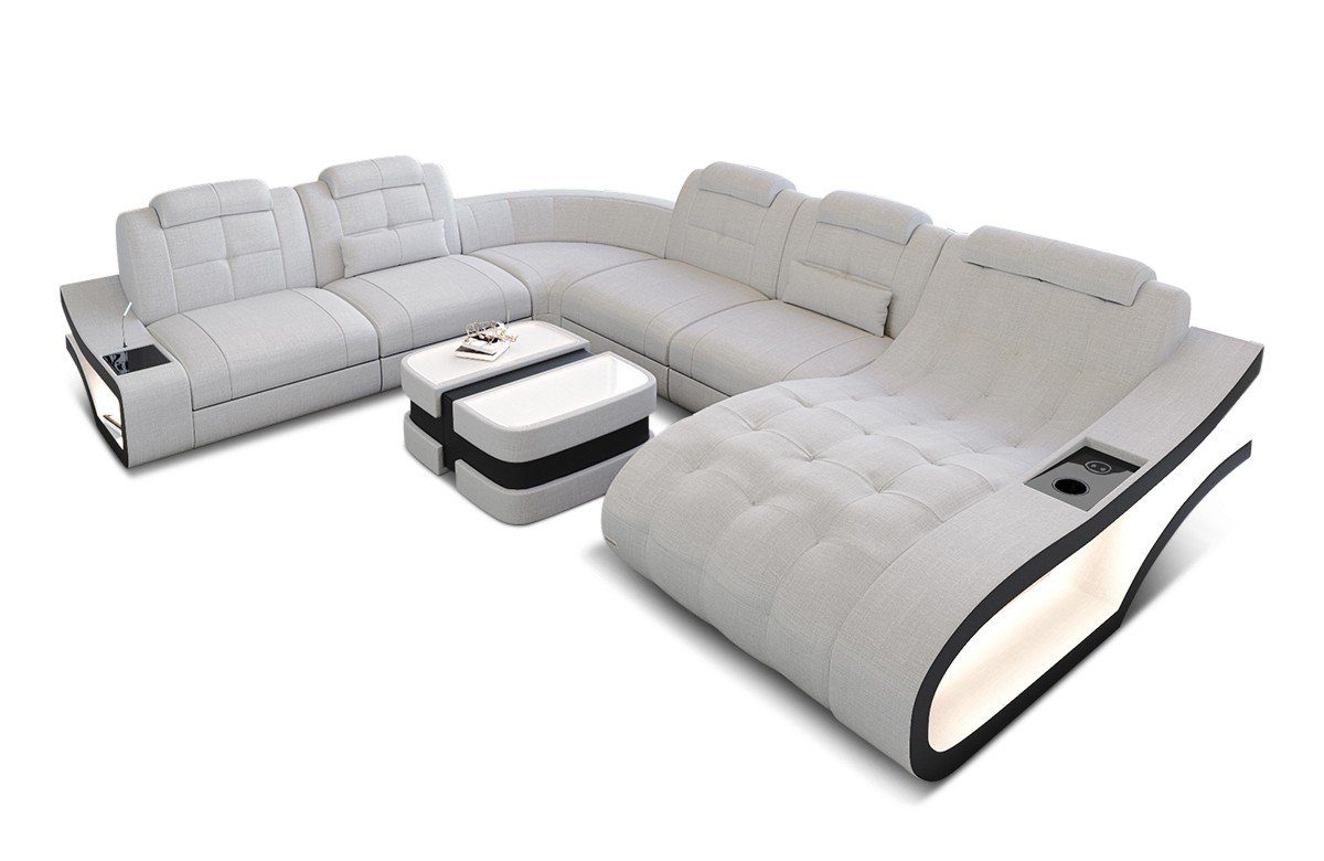 Dreams Stoffsofa, Sofa Wohnlandschaft Form Couch Polster wahlweise Stoff Sofa XXL darkgreen-schwarz mit Elegante Bettfunktion A