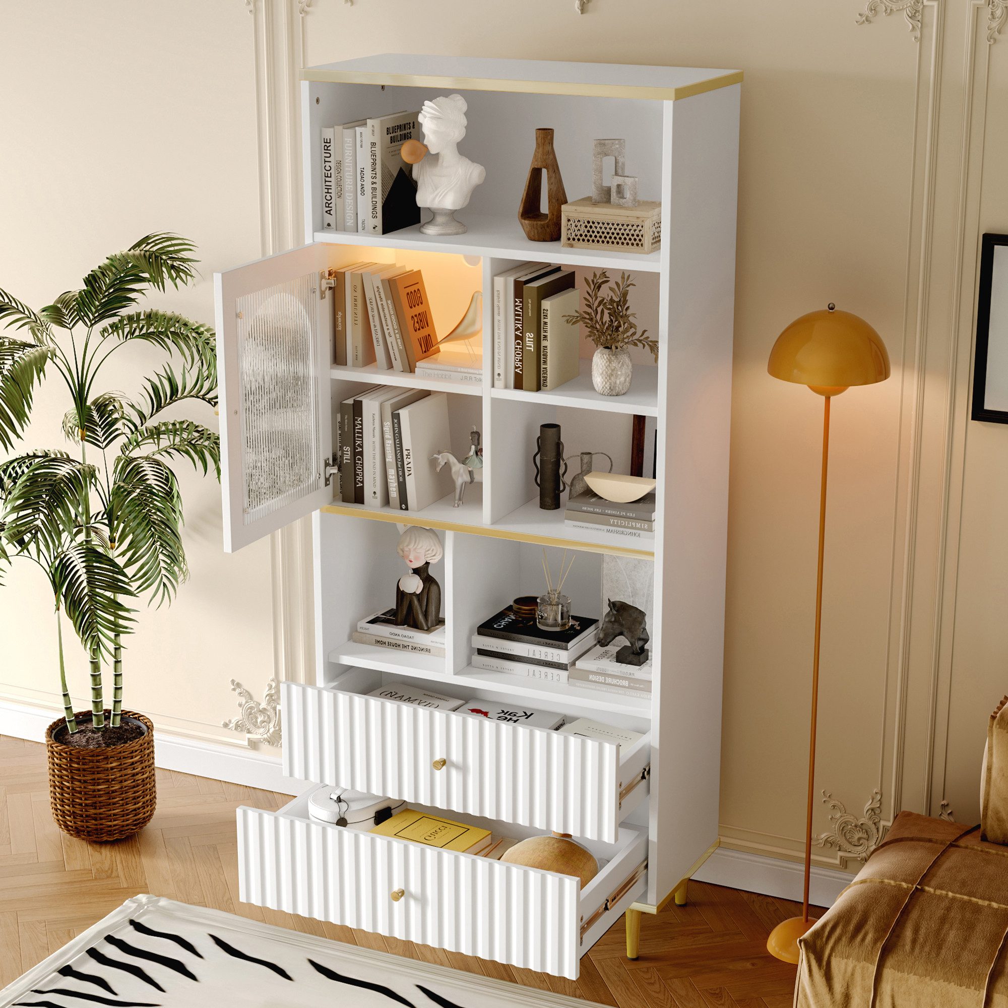 Flieks Bücherregal mit LED-Beleuchtung, Glastüren und Schubladen Weiß, mit günstig online kaufen