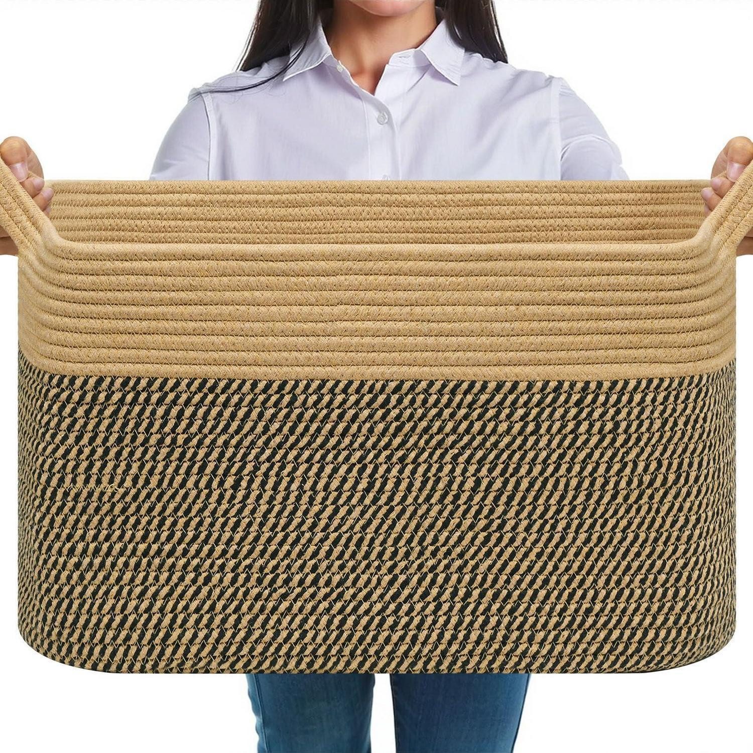 LuxusKollektion Wäschekorb Wäschekorb Faltbar 63L Baumwolle Geflochten Jute & Schwarz 1 Stück