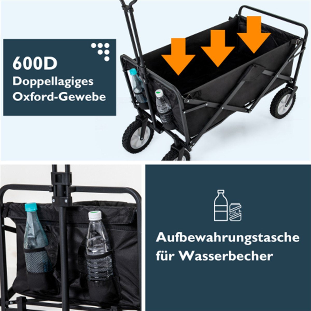 XDeer Bollerwagen klappbarer Handwagen,Gartenwagen,Transportwagen,Strandwagen, Getränkehalter aus Mesh,verstellbare Griffe, Stofftasche