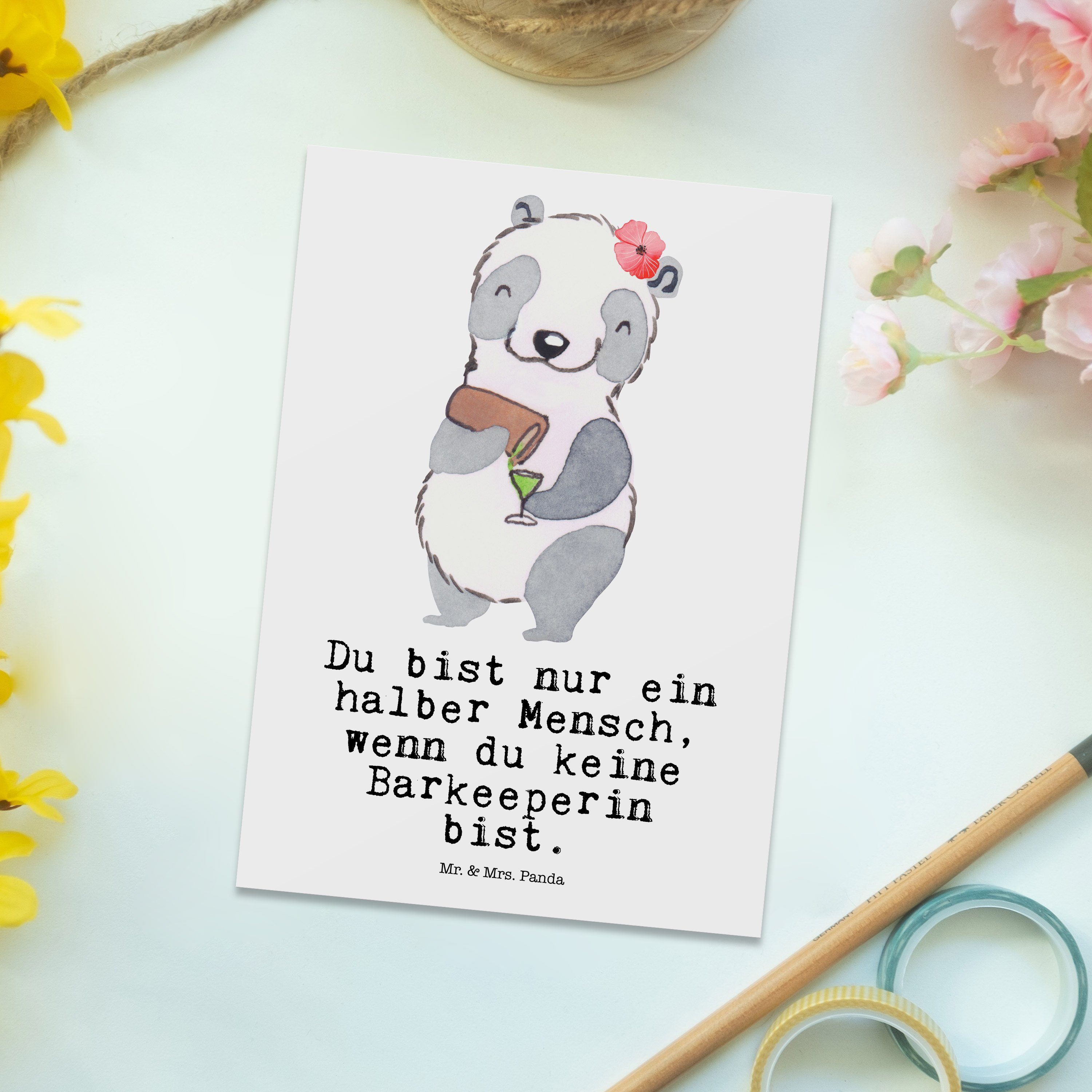 Mr. & Herz Mrs. Panda - Geschenk, Dankeschön, Weiß - Geburtstagskarte Barkeeperin mit Postkarte