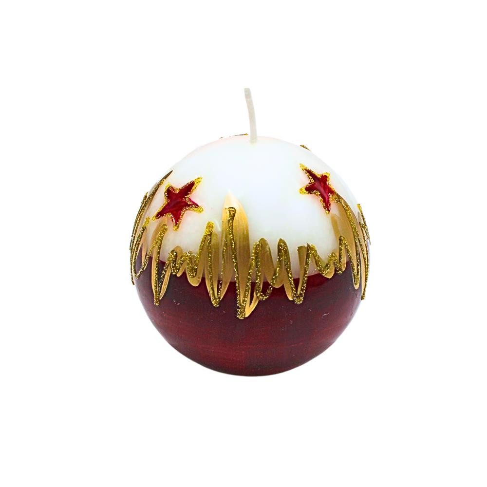 Dekohelden24 Formkerze Edle Kugelkerze, Tischkerze, Dekokerze, Wachskerze mit Weihnachtsmotiv, Weihnachtskerze als Kugel 8 cm Christstern, in weiß, rot und gold.