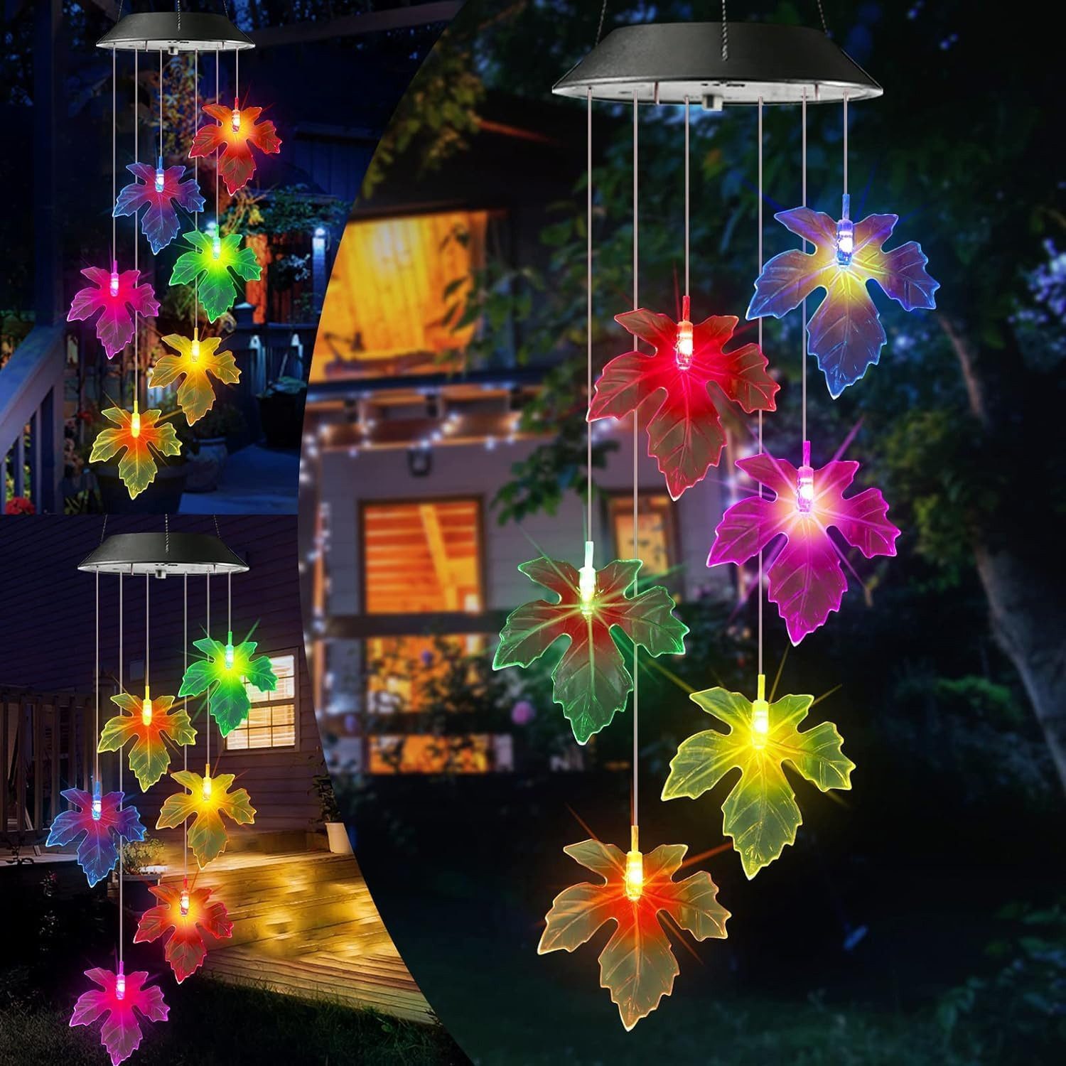 TUWENA Windspiel Ahornblatt Solar Garten, 6 LED Solar für Draußen, Wasserfest (1 St), Dekorationen für Baum, Balkon, Hof