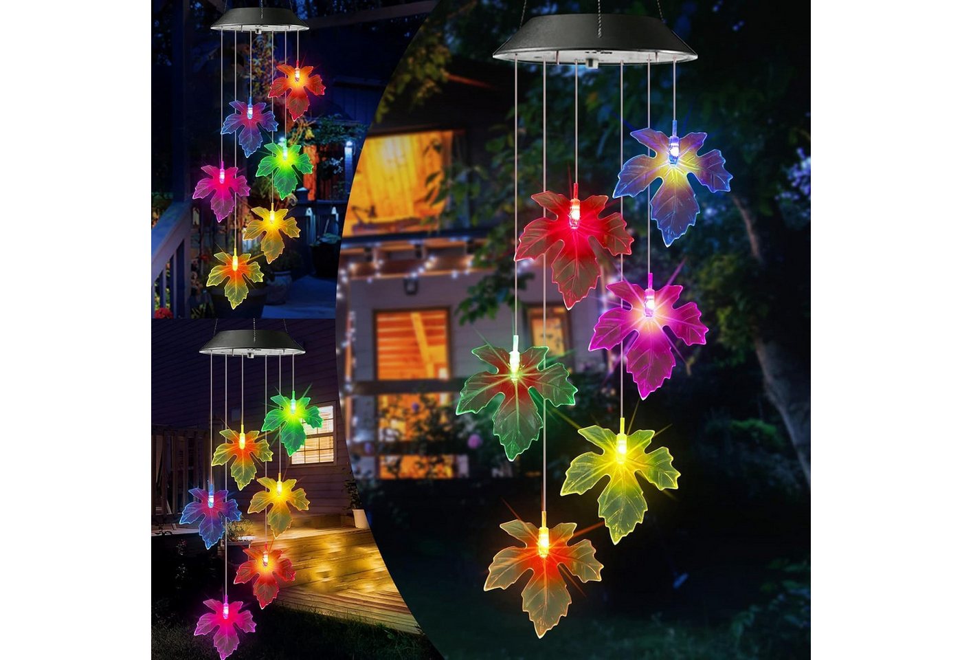 TUWENA Windspiel Ahornblatt Solar Garten, 6 LED Solar für Draußen, Wasserfest (1 St), Dekorationen für Baum, Balkon, Hof