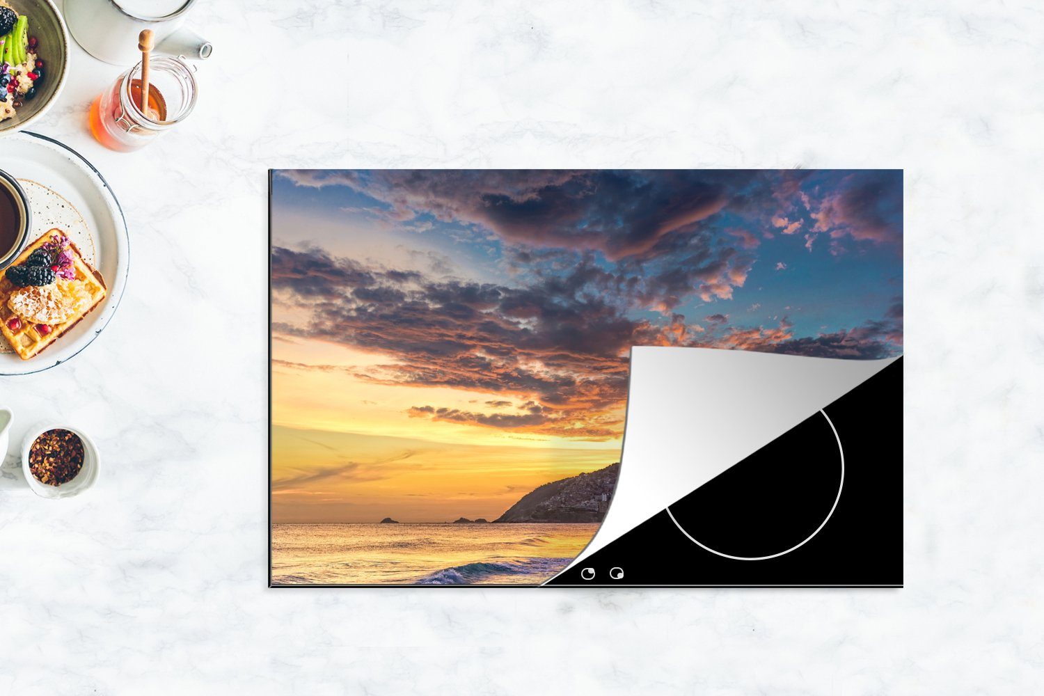 Sonnenuntergang Strand Vinyl, MuchoWow Herdblende-/Abdeckplatte - (1 Schutz 81x52 cm, für Ceranfeldabdeckung Janeiro, küche, tlg), de die Rio - Induktionskochfeld
