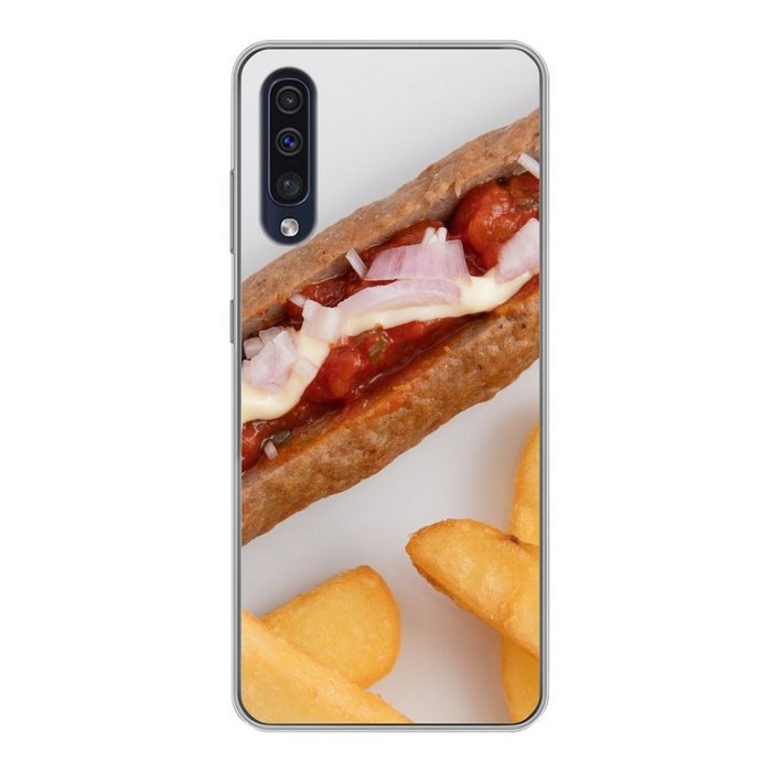 MuchoWow Handyhülle Gesegnete Frikandelspezialität mit Pommes frites auf einem weißen Handyhülle Samsung Galaxy A30s Smartphone-Bumper Print Handy
