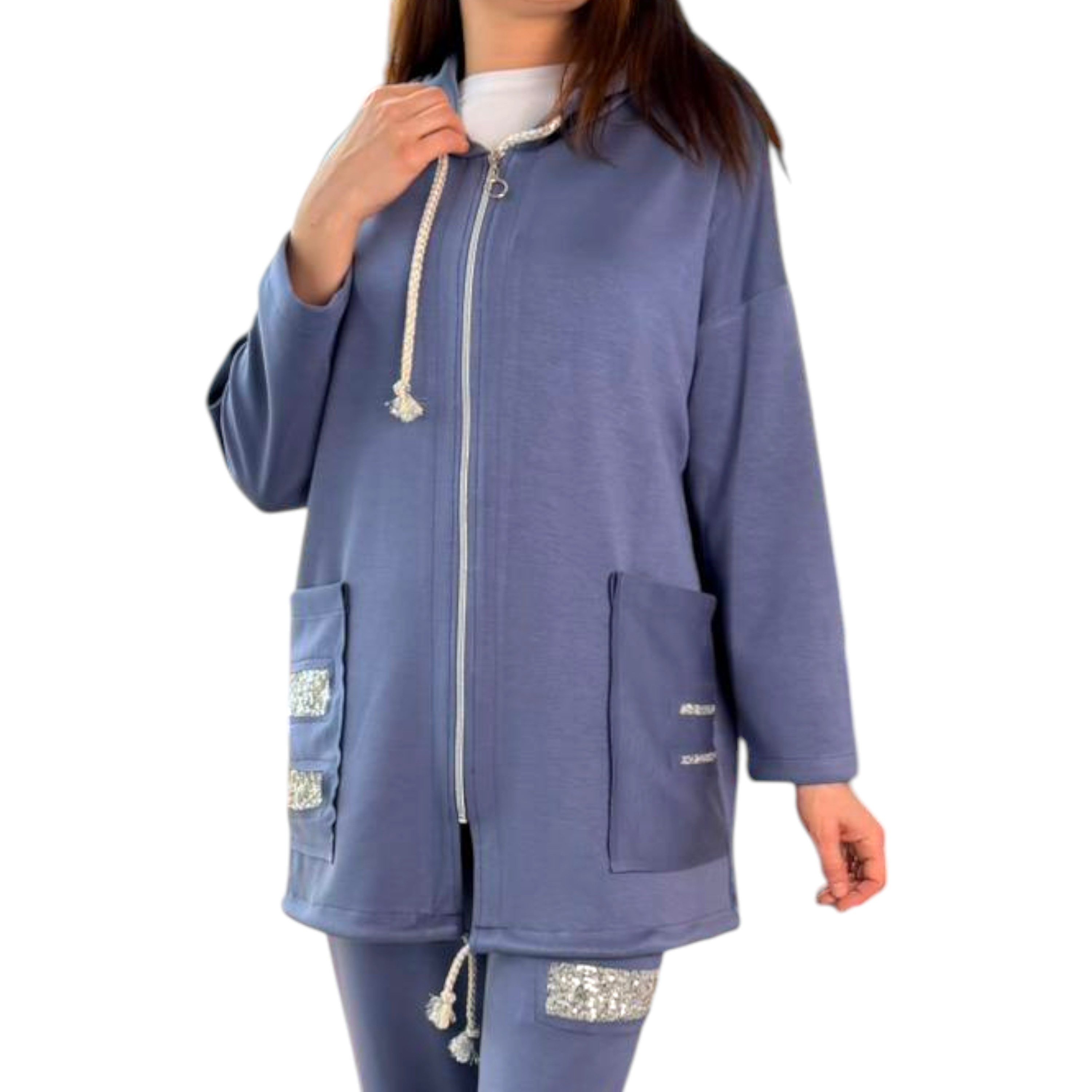 WENOR Kapuzensweatjacke Damen lang Oversize Zip Hoodie Strass Rücken Taschen Strass Details, Rücken Cut-Out Design, Oversize Schnitt