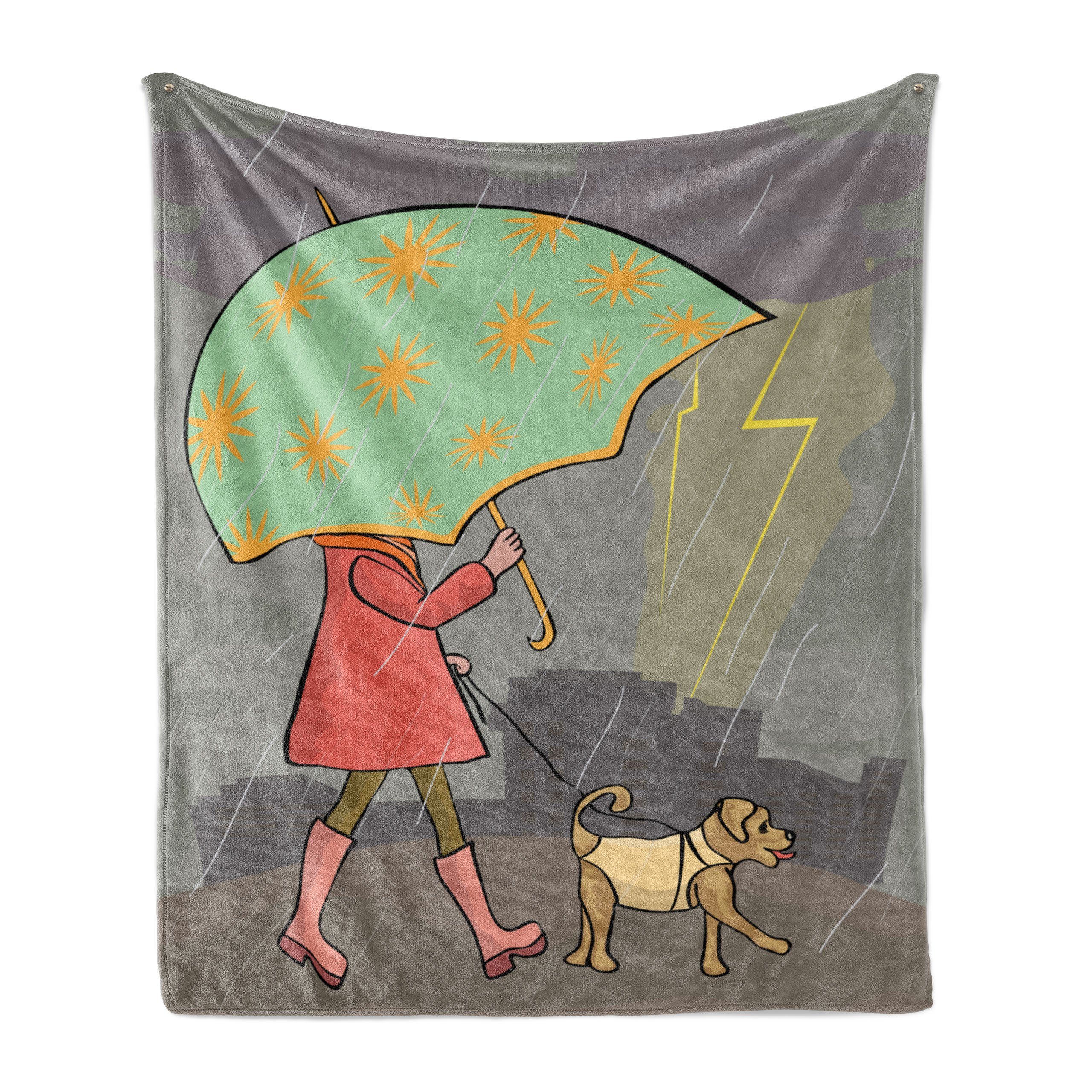 Wohndecke Gemütlicher Plüsch für den Innen- und Außenbereich, Abakuhaus, Regenschirm-Mädchen Lady Walking mit Hund