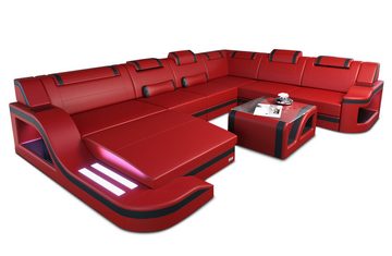 Sofa Dreams Wohnlandschaft XXL Ledersofa Palermo U Form Mini, Designersofa, Couch mit LED Licht und USB Anschluss