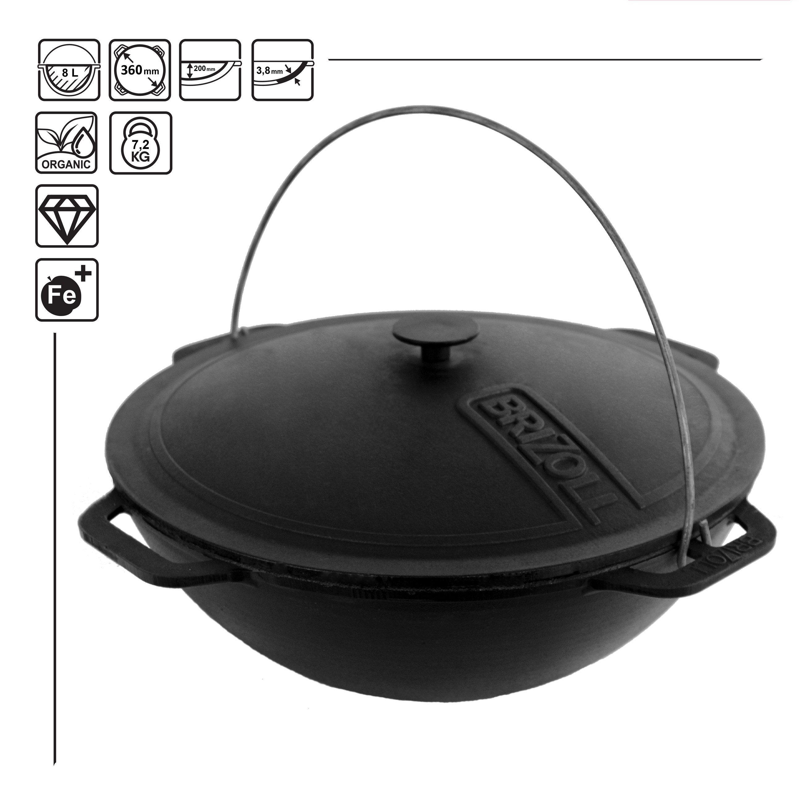 4BIG.fun Grilltopf 8L Kazan Schwenktopf Deckel Gusseisen Campingtopf, Gusseisen