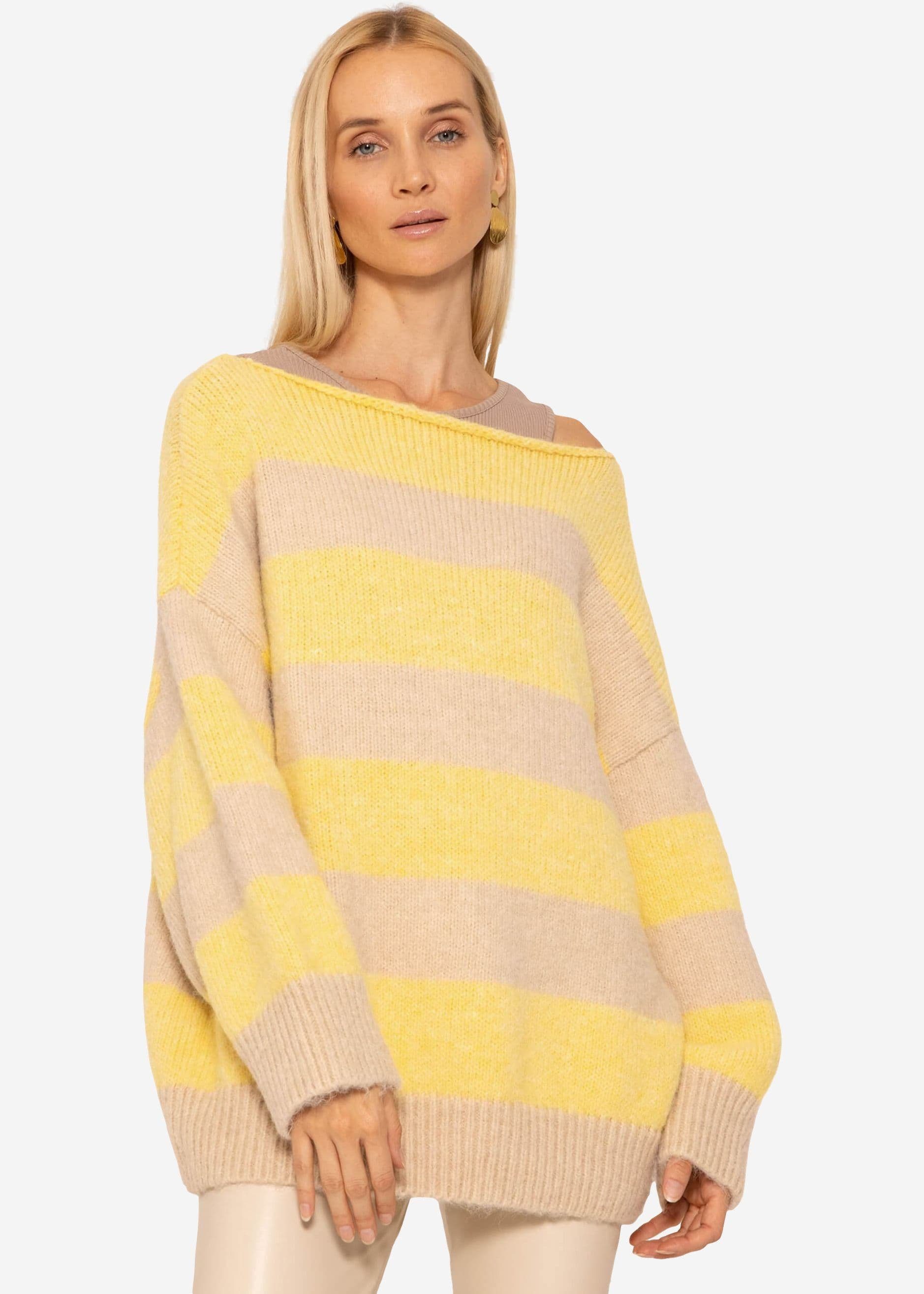 SASSYCLASSY Strickpullover Oversize Pullover Damen aus weichem Feinstrick Lässiger Strickpullover lang mit weitem Rundhalsausschnitt Gelb, Beige